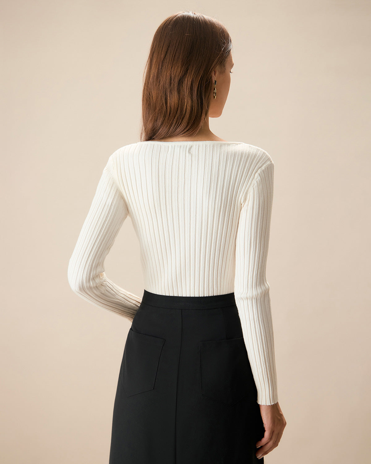 The White V Neck Teardrop Ribbed Knit Top Discount Sale Online