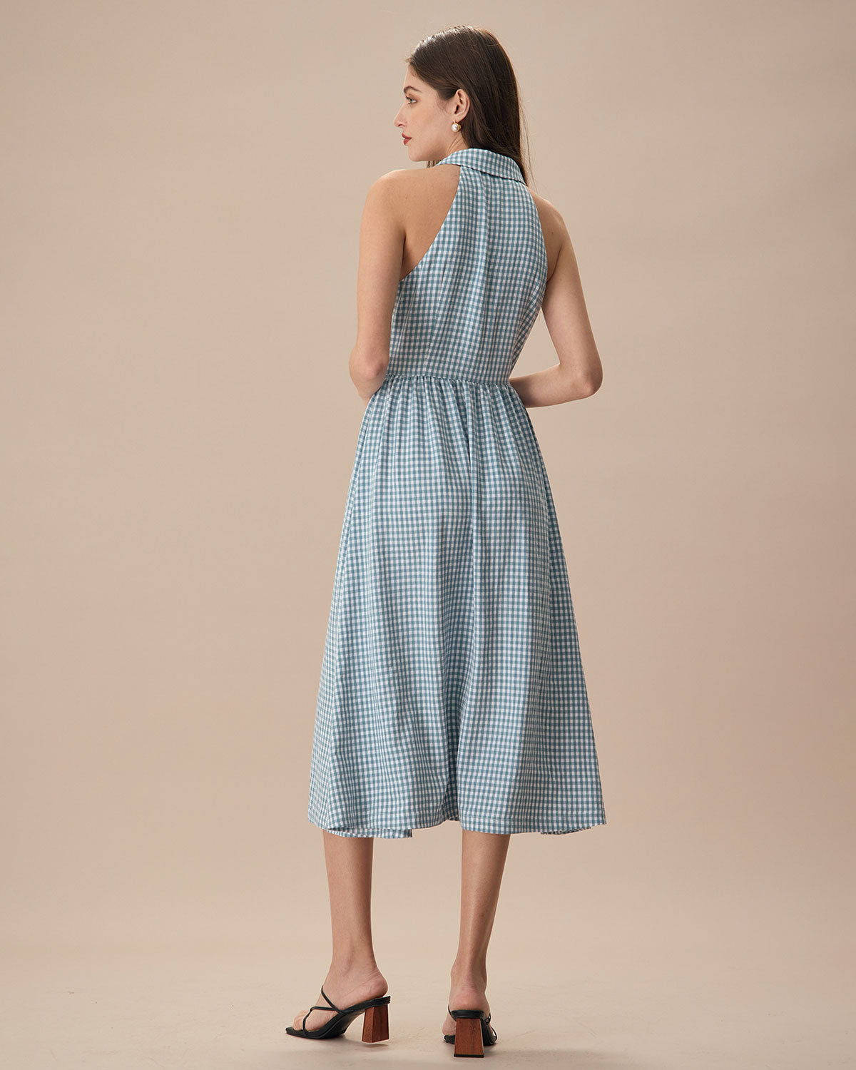 The Blue Lapel Plaid Sleeveless Shirt Midi Dress Cheap Sale Cheap