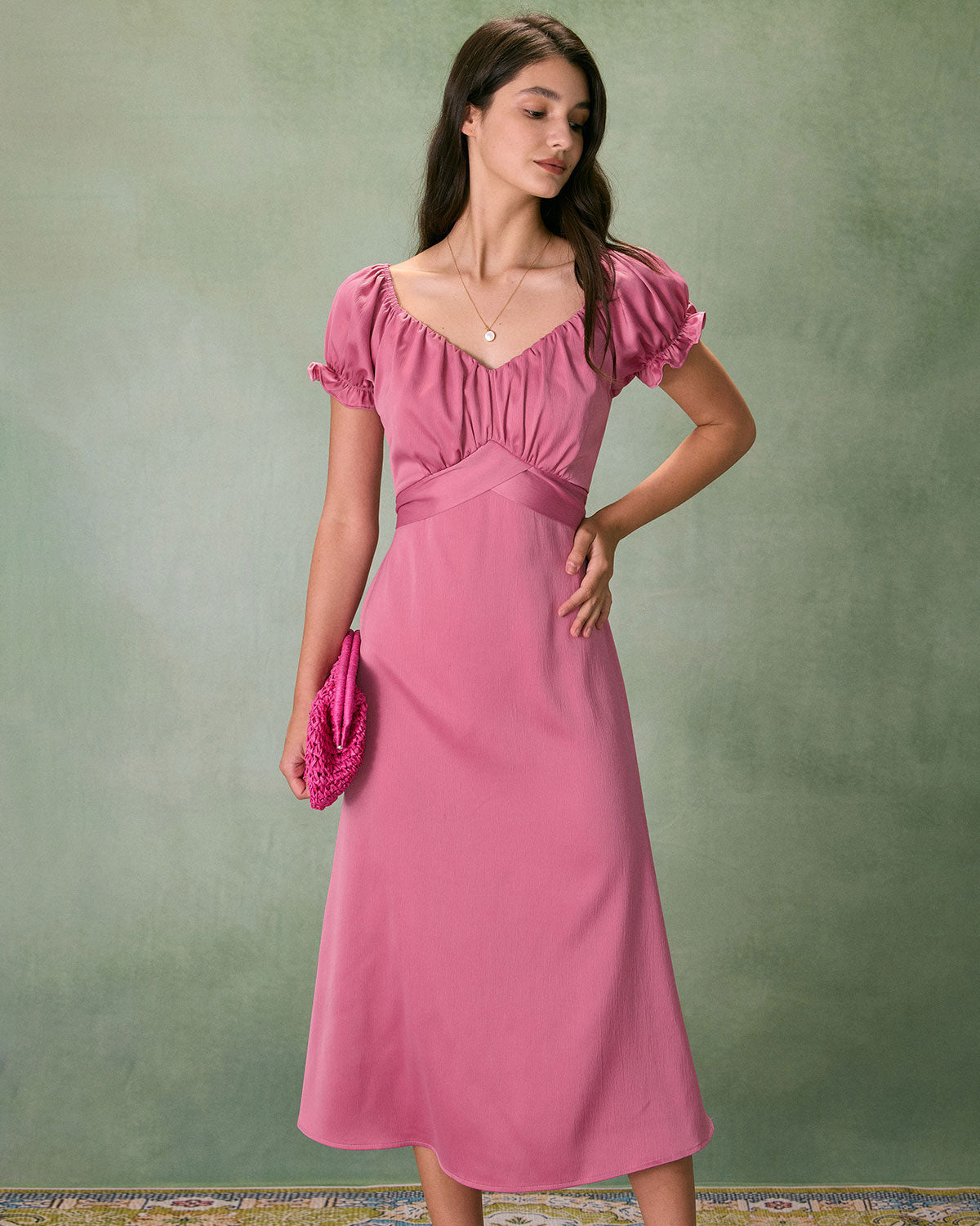 The Pink Sweetheart Neck Ruched Satin Midi Dress Free Shipping Reliable