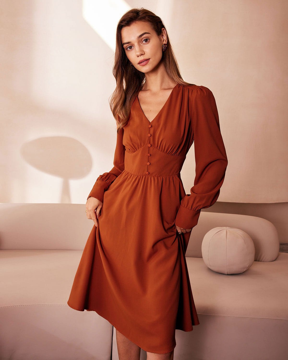 The Orange V Neck Pleated Button Midi Dress With Paypal