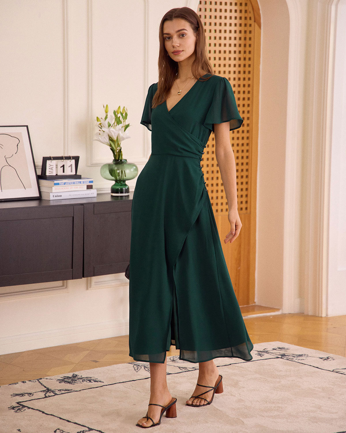 The Green V Neck Button Wrap Maxi Dress Big Sale