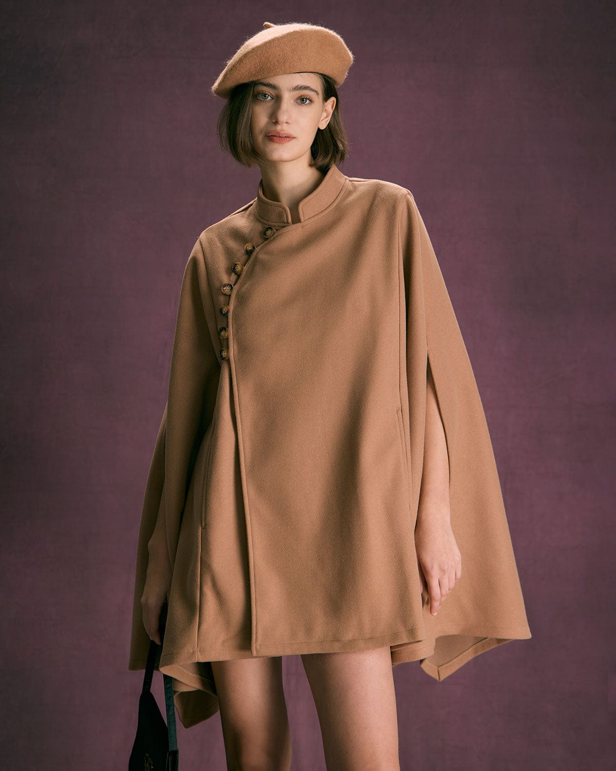 The Khaki Stand Collared Button Up Cape Online Online Cheap Online