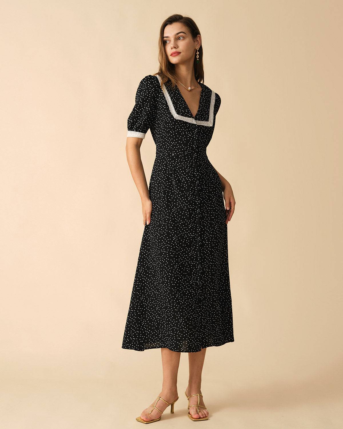 The Polka Dot Lace Trim Midi Dress Free Shipping Exclusive