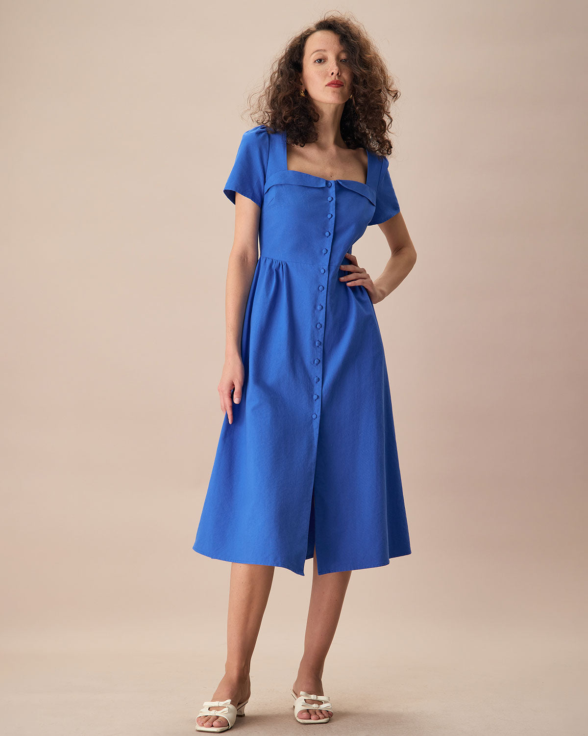 The Blue Sweetheart Neck Button Midi Dress Get To Buy