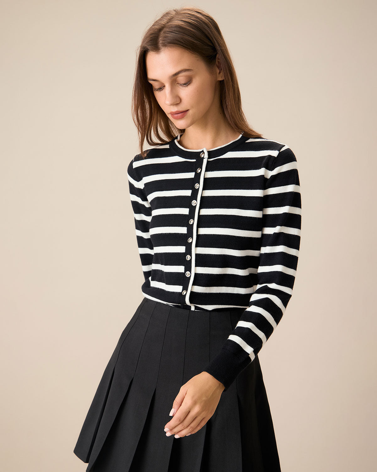 Women's Black Striped Single-Breasted Cardigan