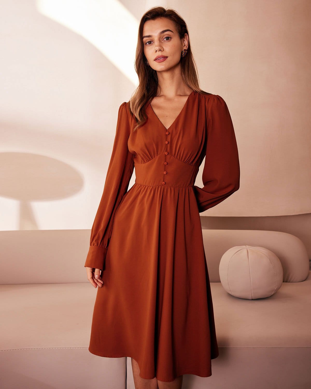 The Orange V Neck Pleated Button Midi Dress With Paypal