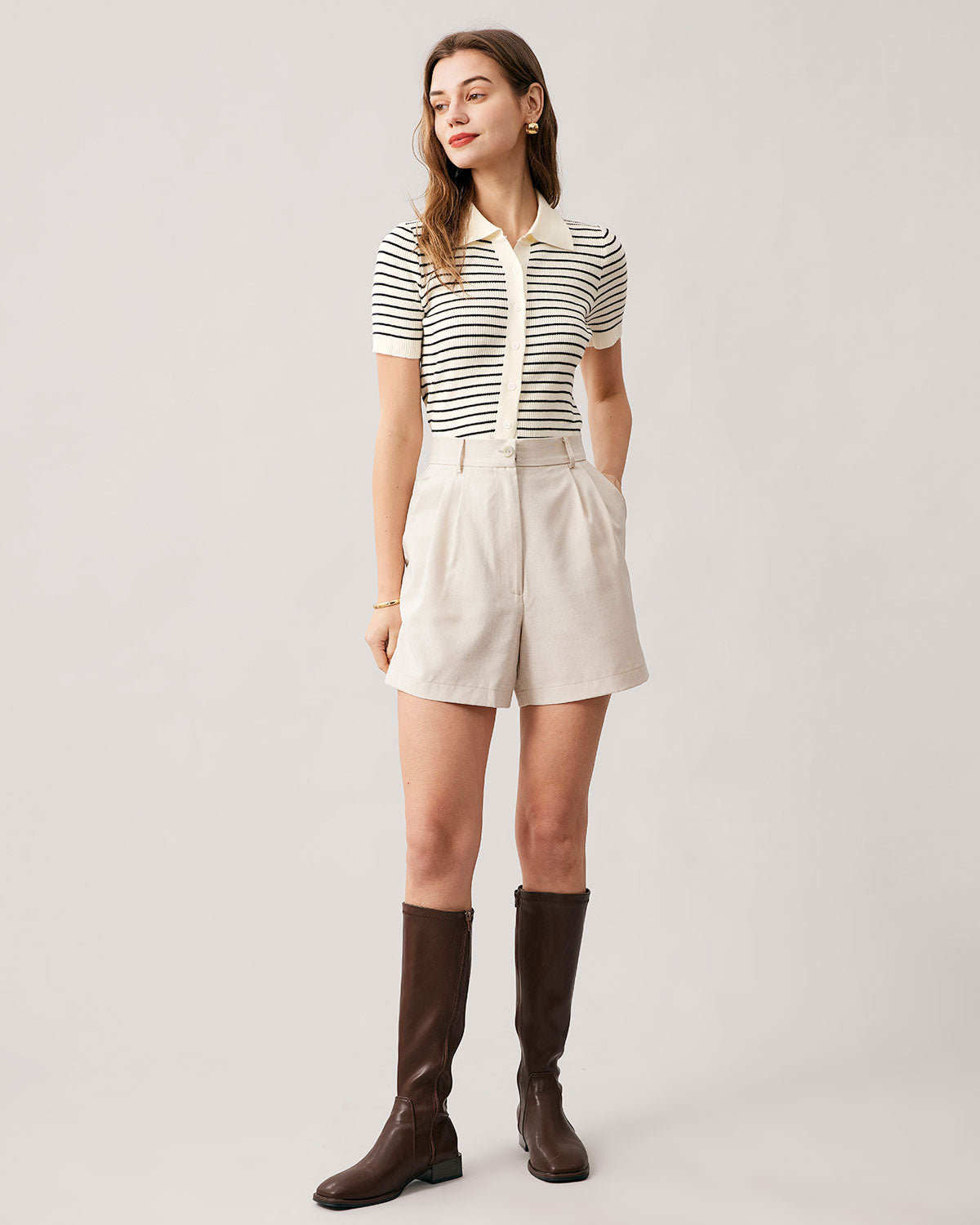 The Lapel Button Up Striped Knit Top Cheapest For Sale