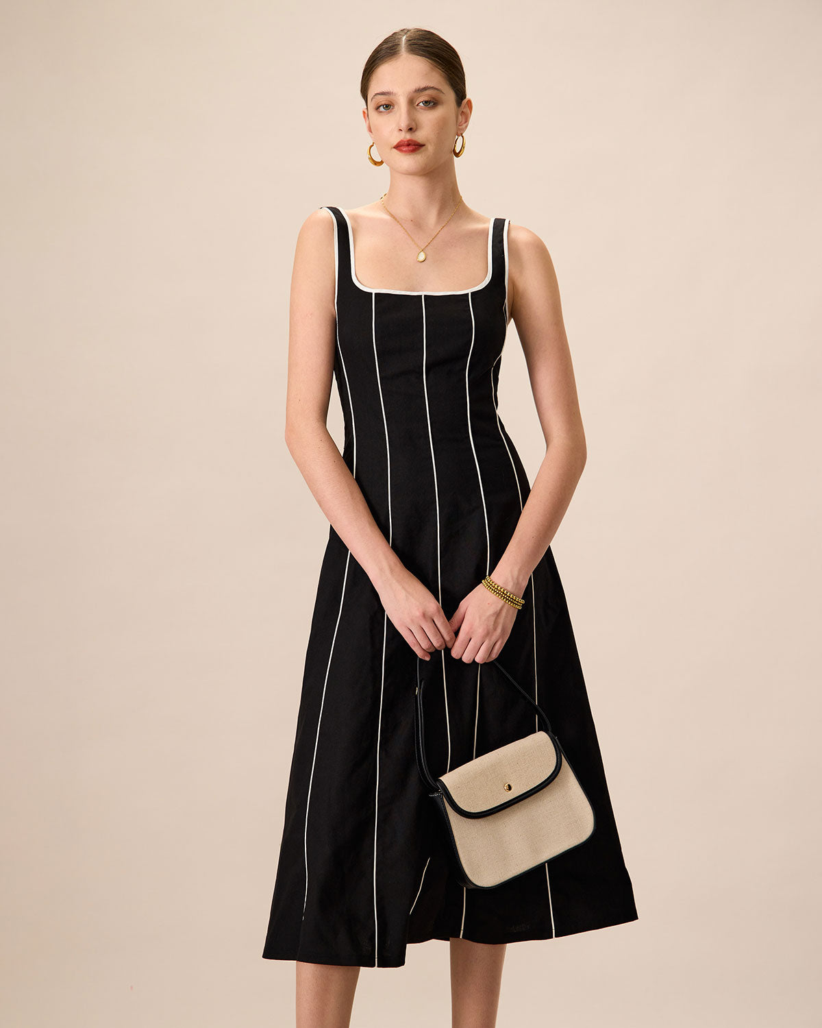 The Black Square Neck Contrast Midi Dress Low Cost For Sale