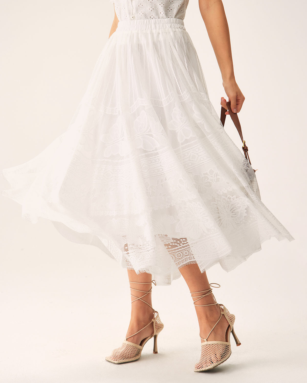 White Lace Elastic Waist Midi Skirt Discount View