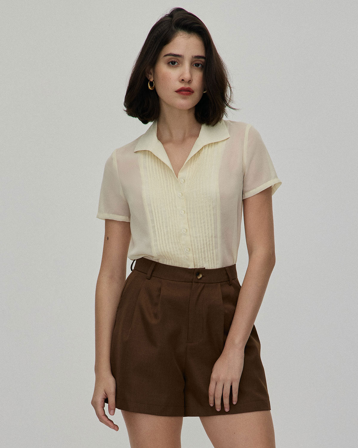 The Beige V Neck Pleated Chiffon Blouse Sale Best Sale