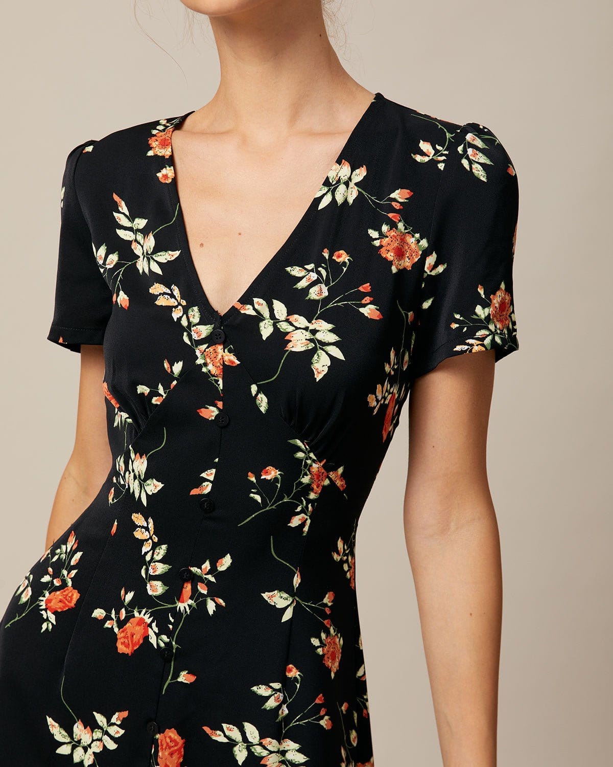 The Black V Neck Floral Button Up Mini Dress Sale Great Deals