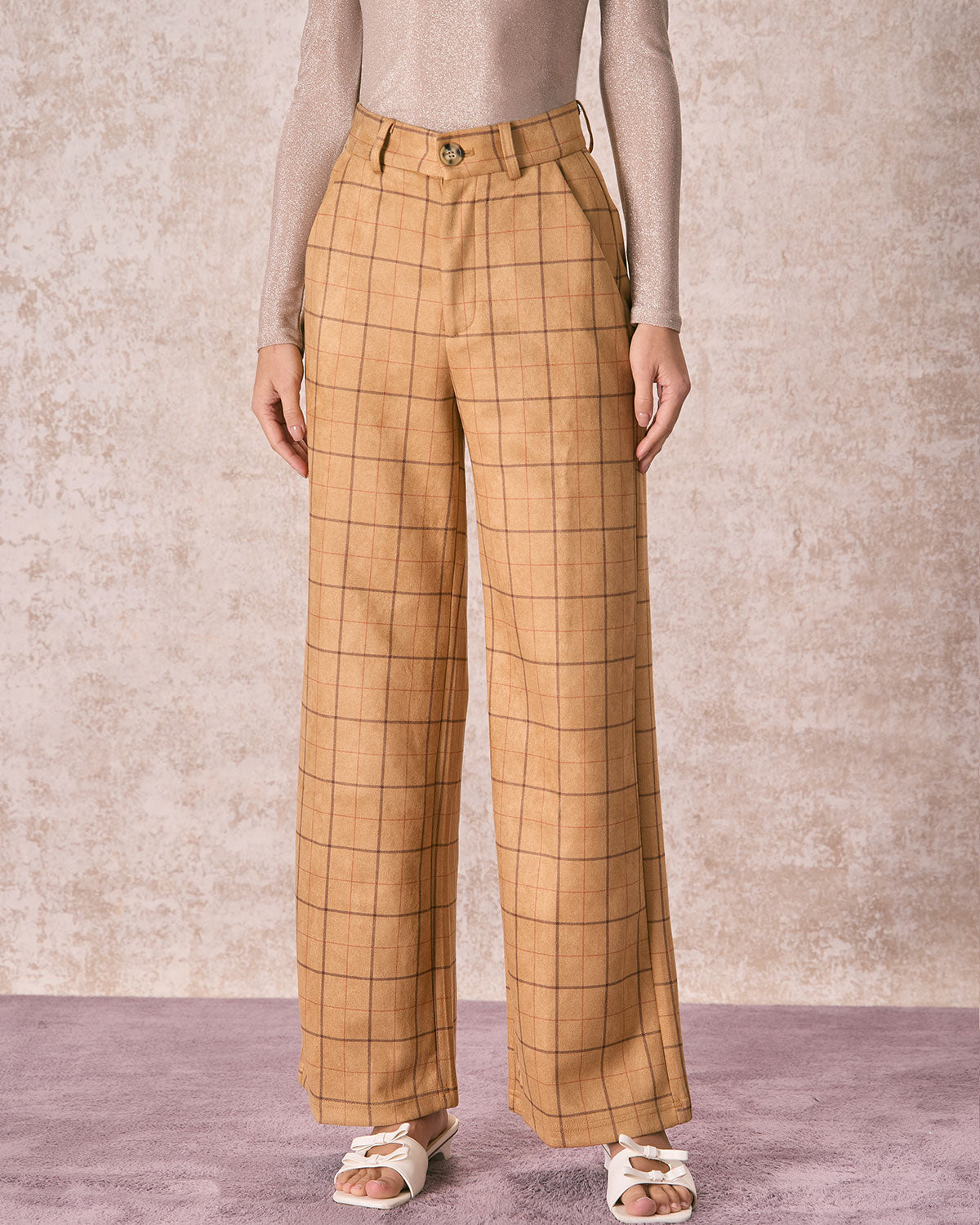 The Khaki High Waisted Plaid Wide Leg Pants Cheap Best Pices