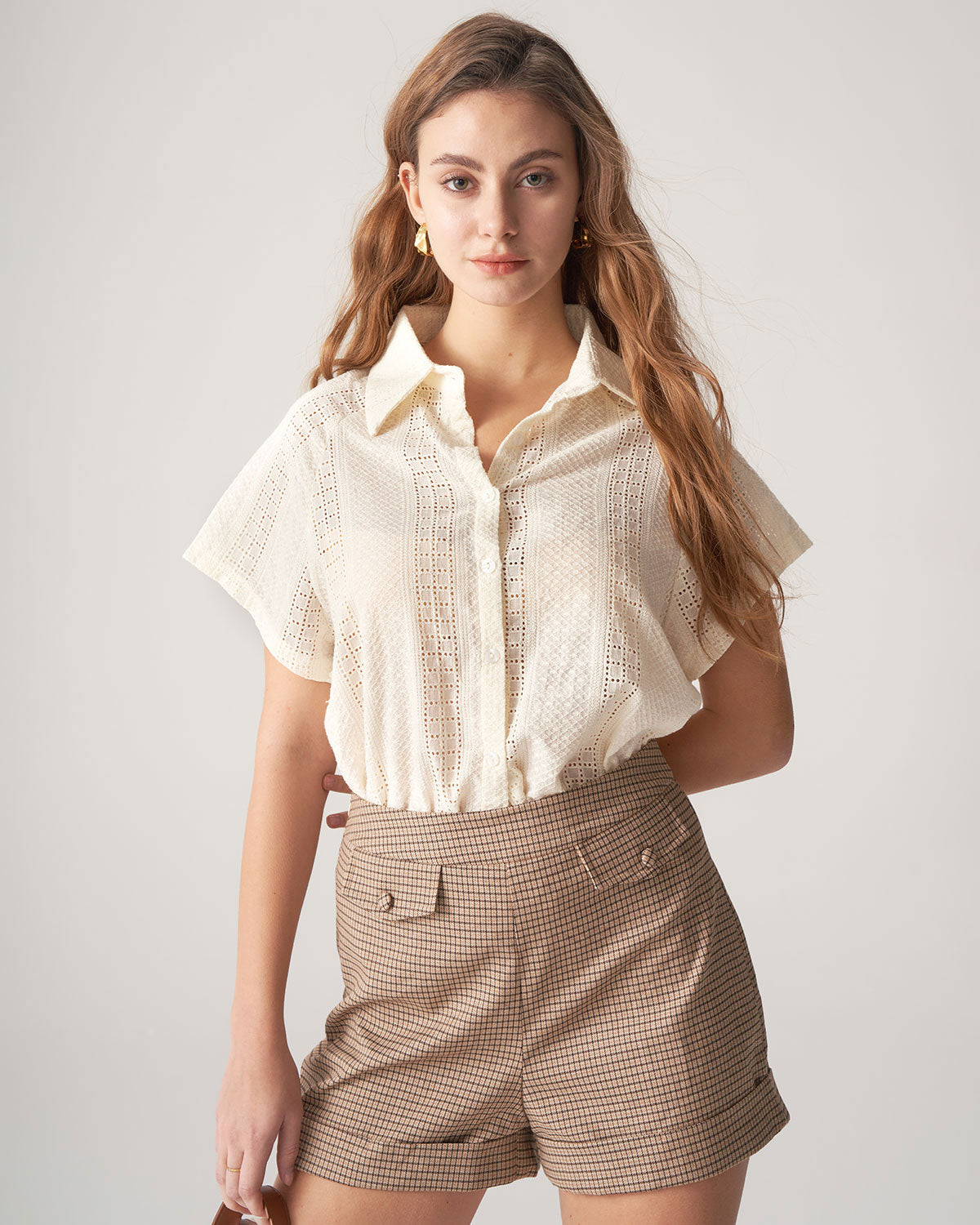 Apricot Cutout Short Sleeve Blouse Pre Order For Sale