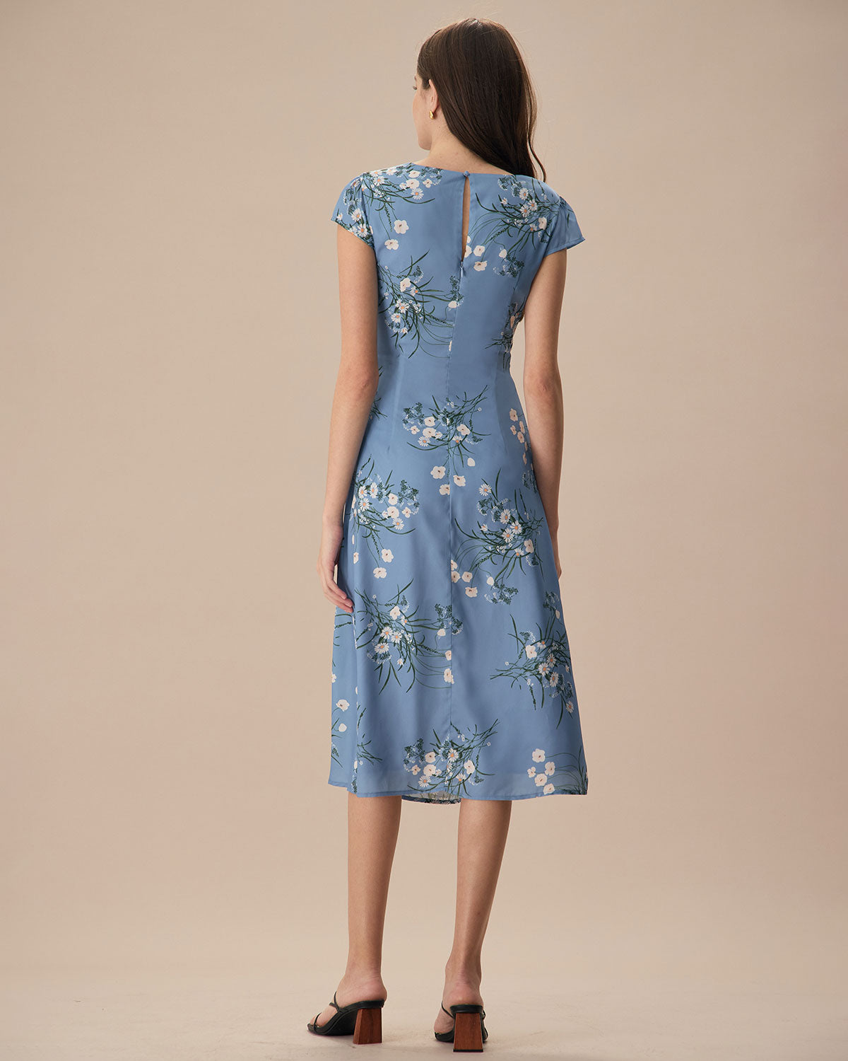 The Blue Round Neck Slit Floral Midi Dress 100% Authentic