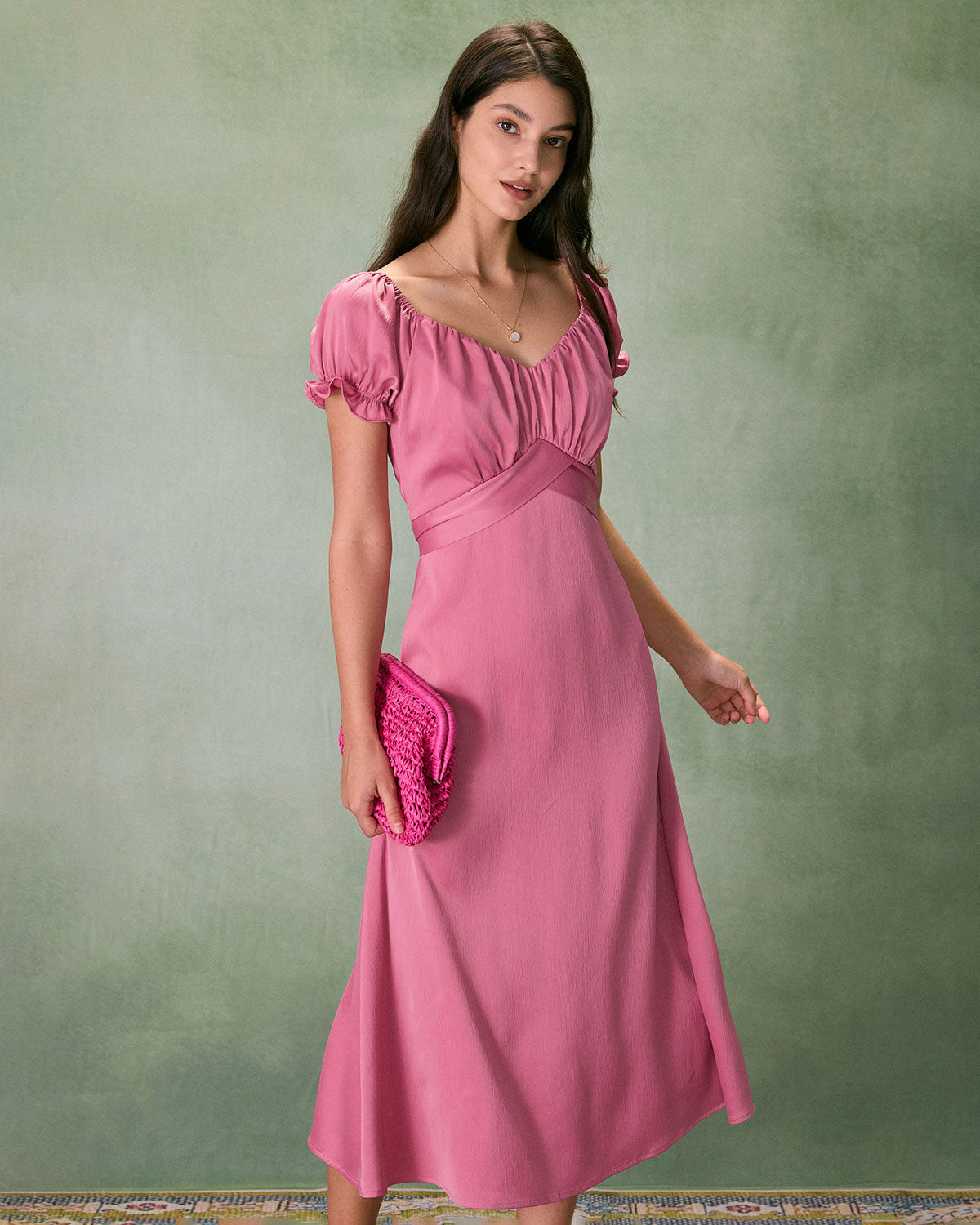 The Pink Sweetheart Neck Ruched Satin Midi Dress Free Shipping Reliable