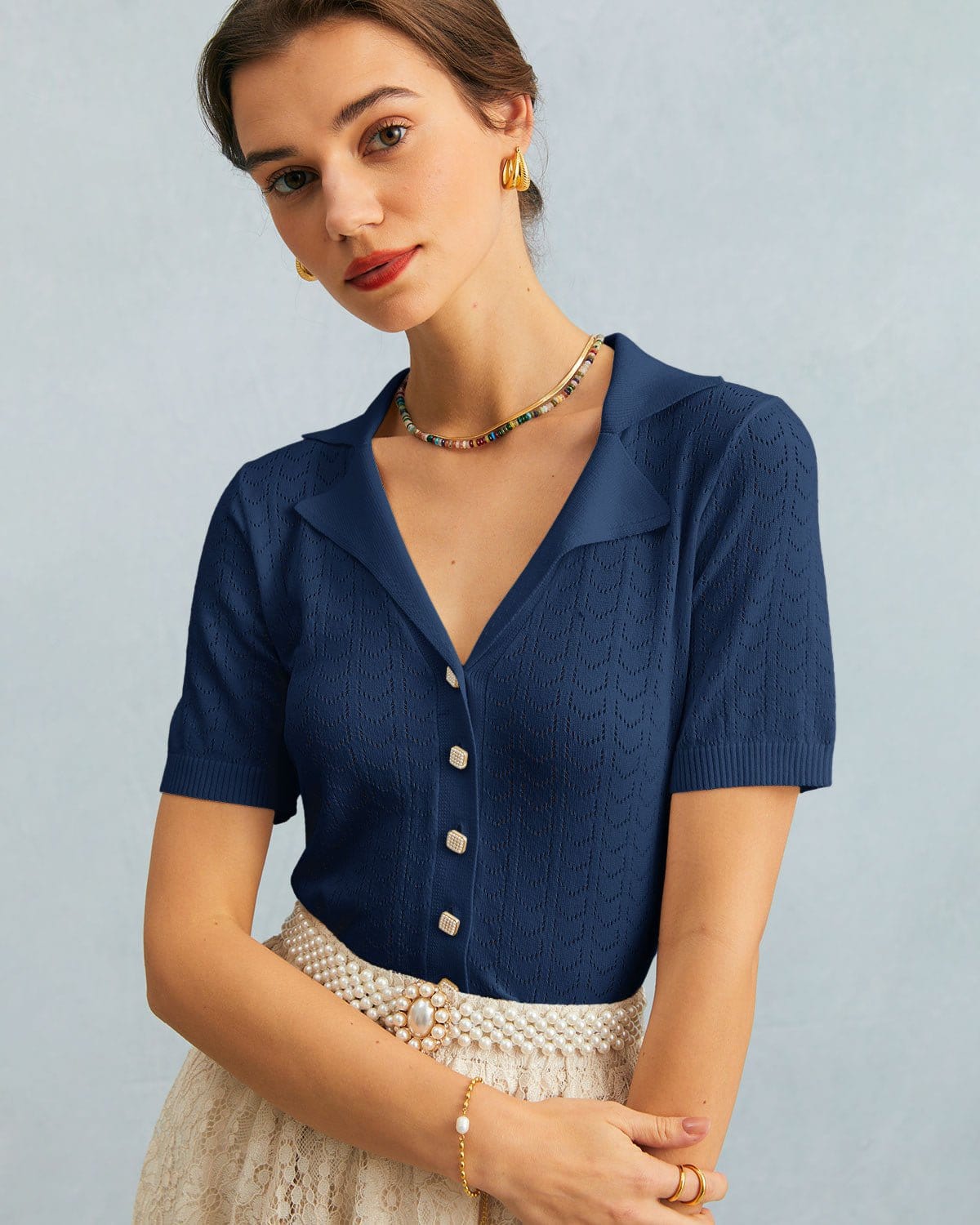 The Navy Collared Pointelle Knit Top Perfect For Sale