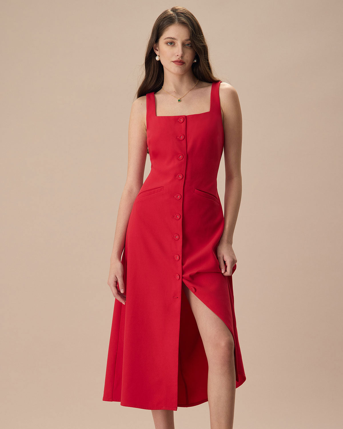 The Red Square Neck Pocket Midi Dress Outlet 2025 New