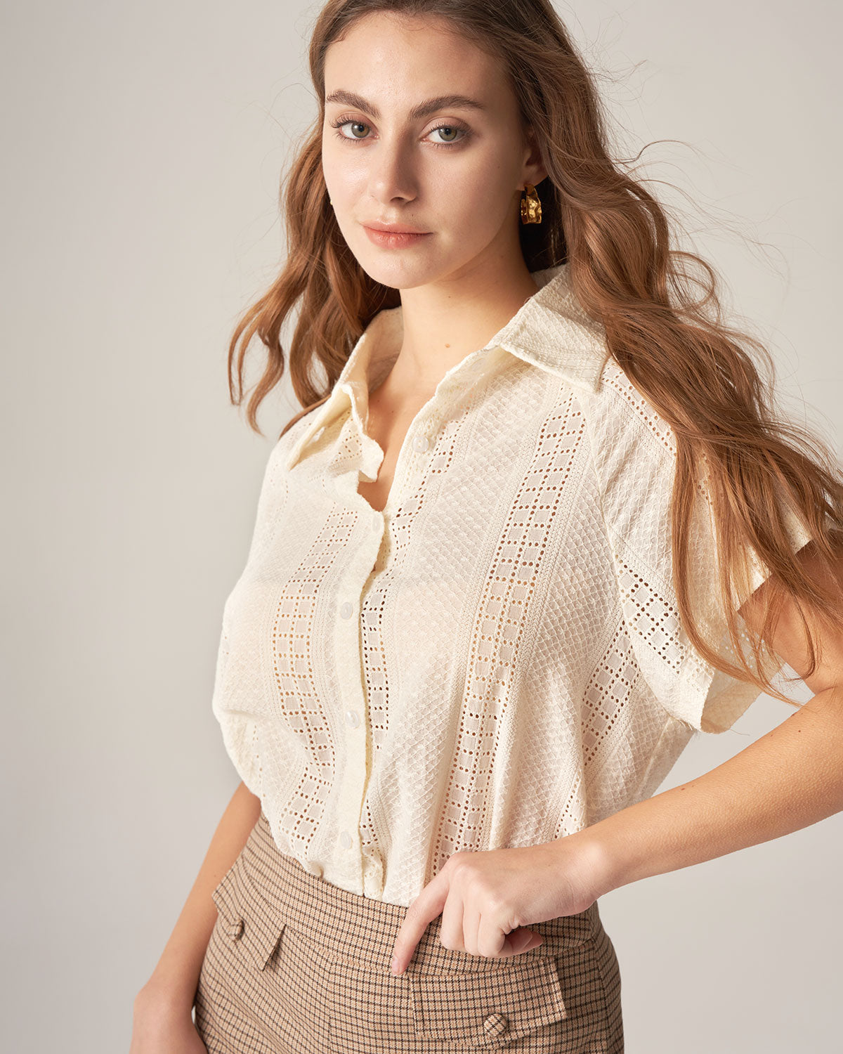 Apricot Cutout Short Sleeve Blouse Pre Order For Sale