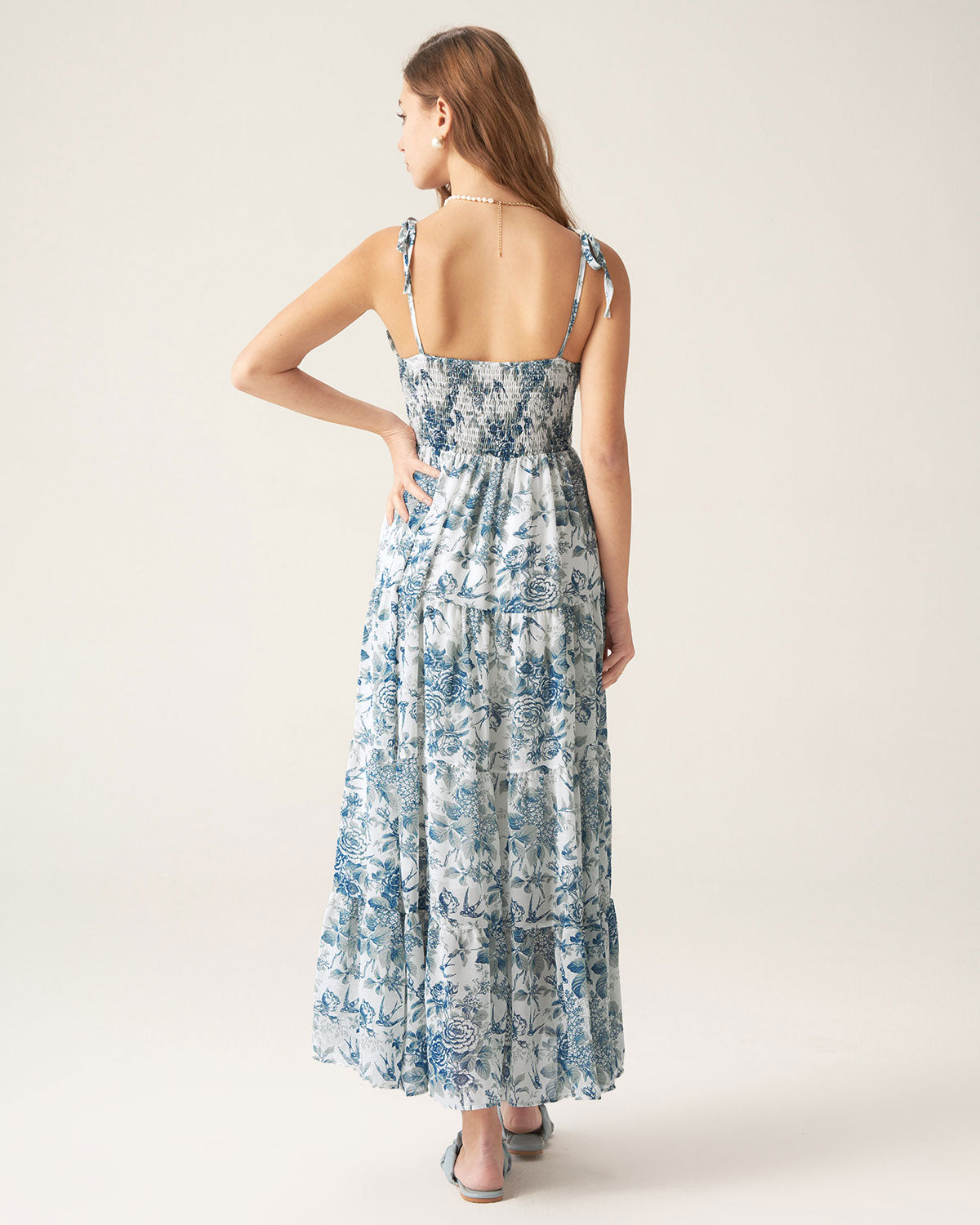 Blue Floral Tie Strap Midi Dress Pictures Online