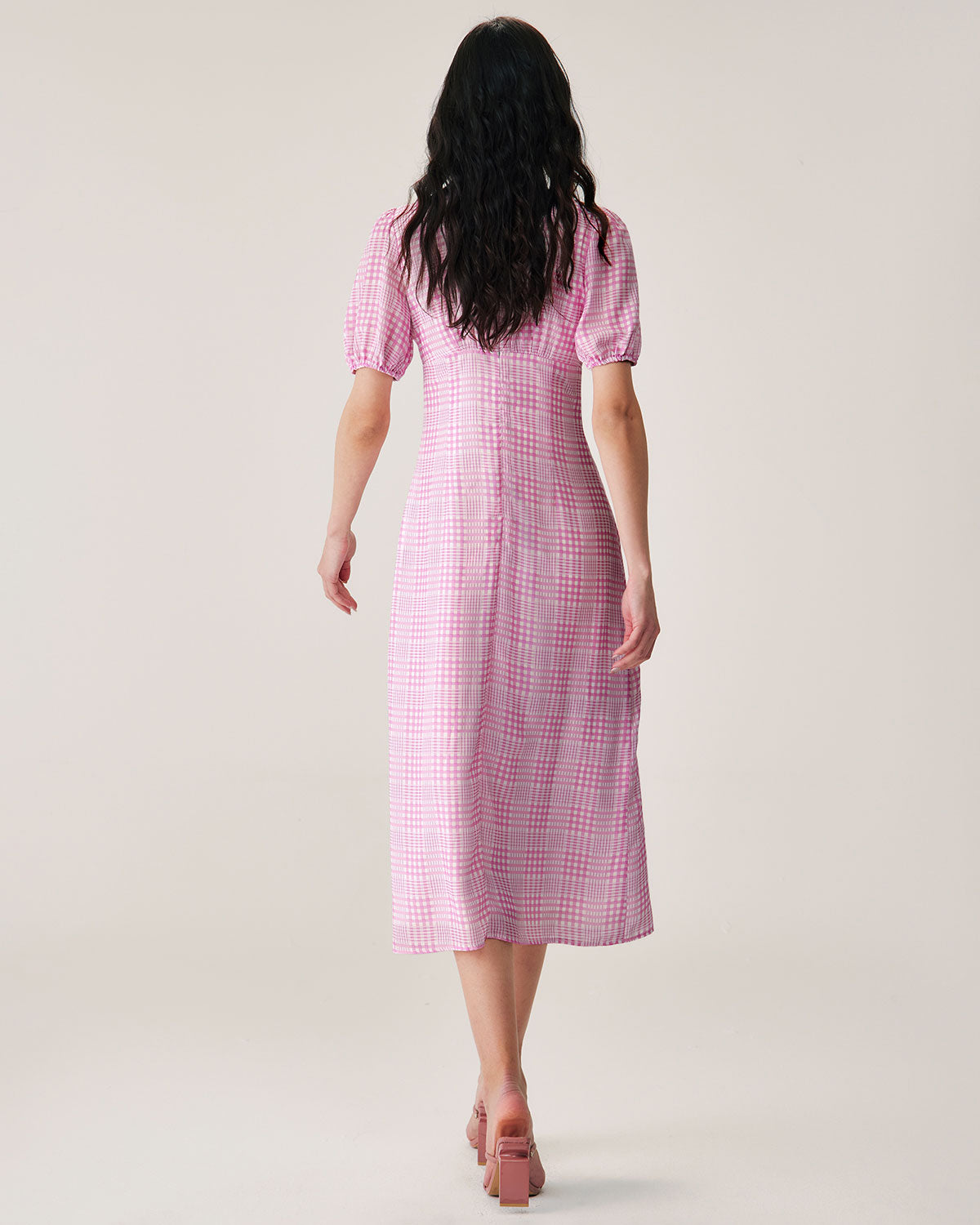 Pink Plaid V-Neck Midi Dress Cheap Wide Range Of