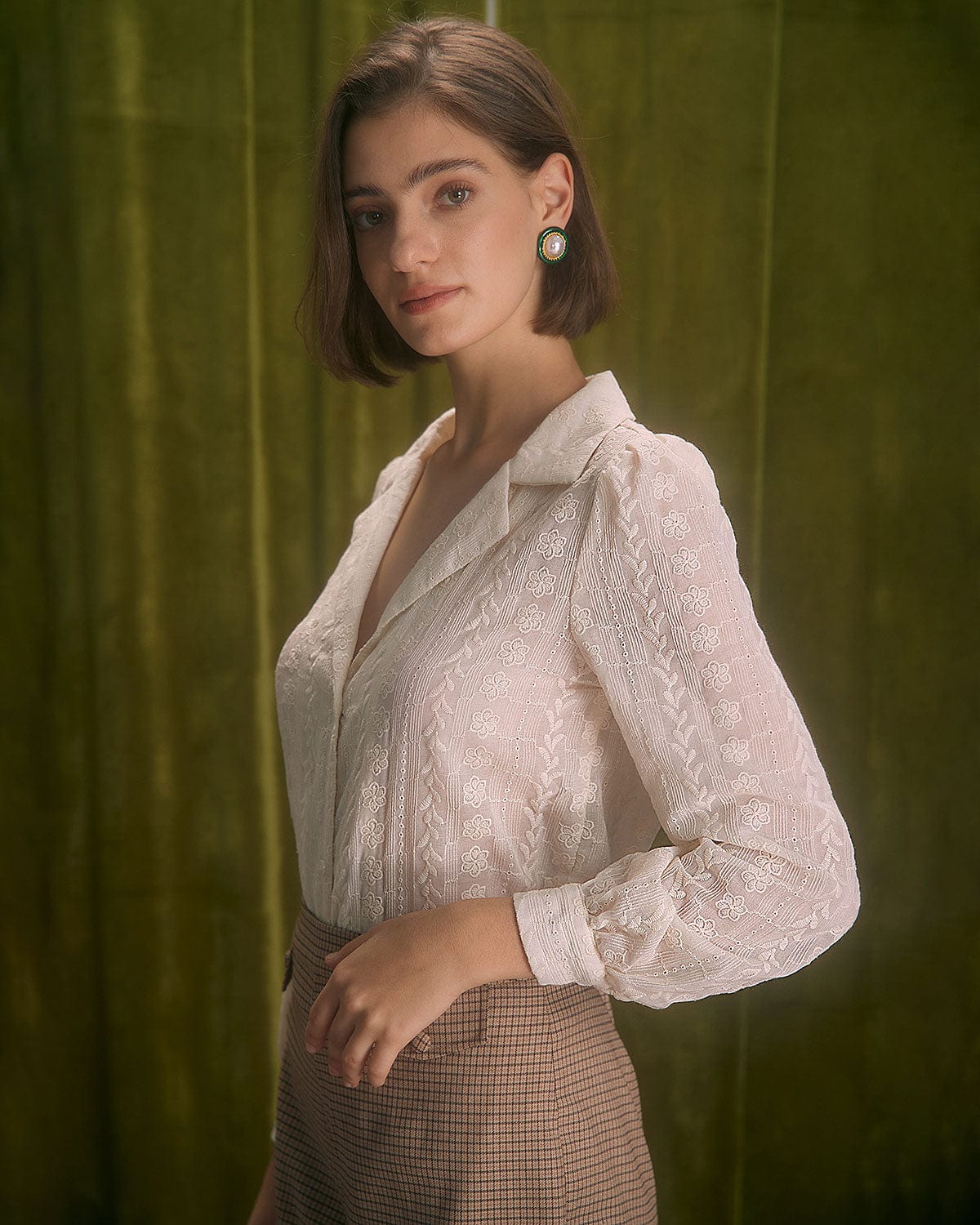 The Apricot Lapel Floral Embroidery Blouse Free Shipping Cheap Online