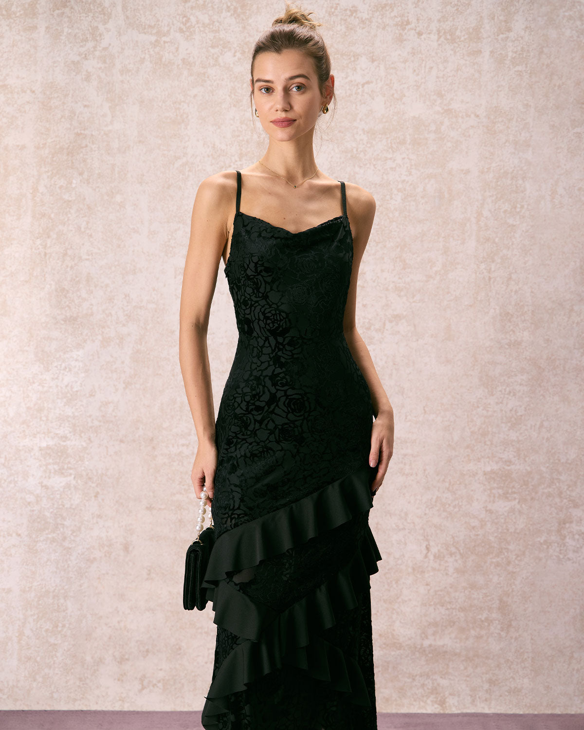 The Black V-Neck Ruffle Tiered Maxi Dress 2025 Cheap Pice