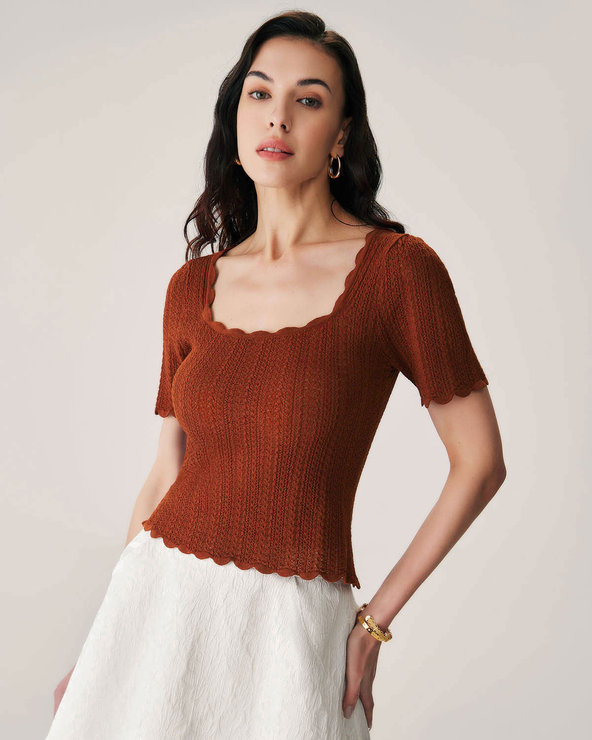 Brown Square Neck Scalloped Knit Tee Buy Cheap How Much