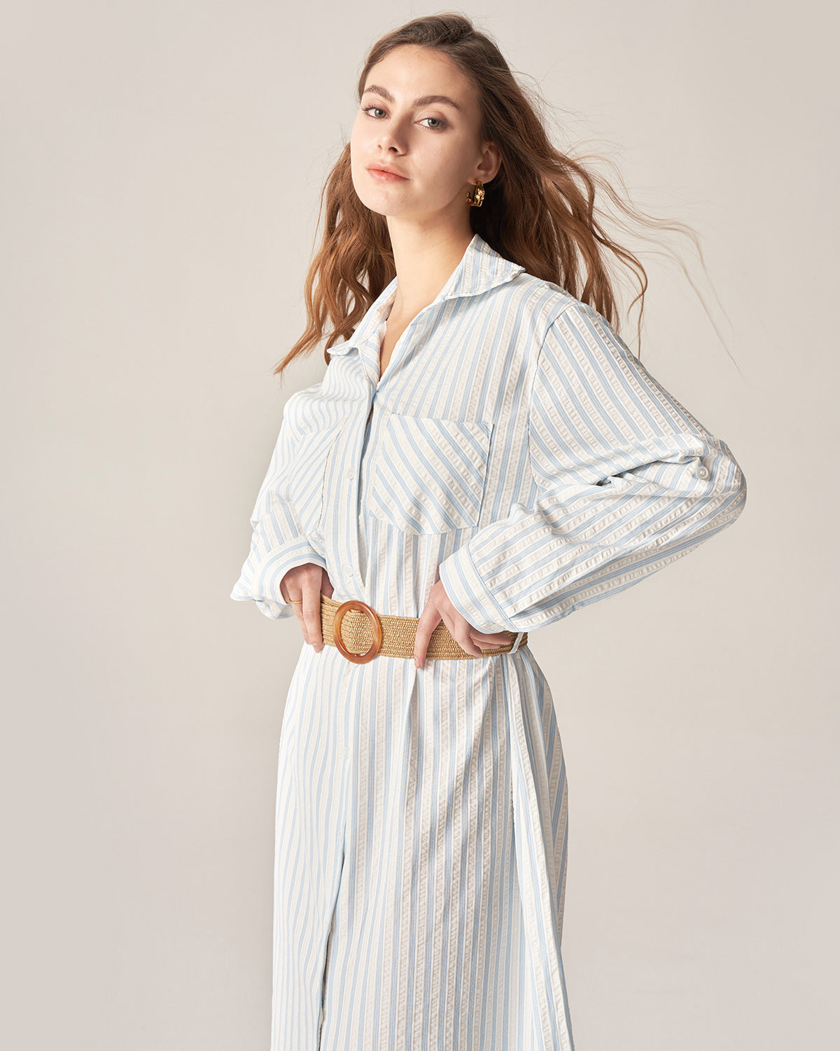 Blue Striped Belted Midi Dress Cheap Sale Good Selling