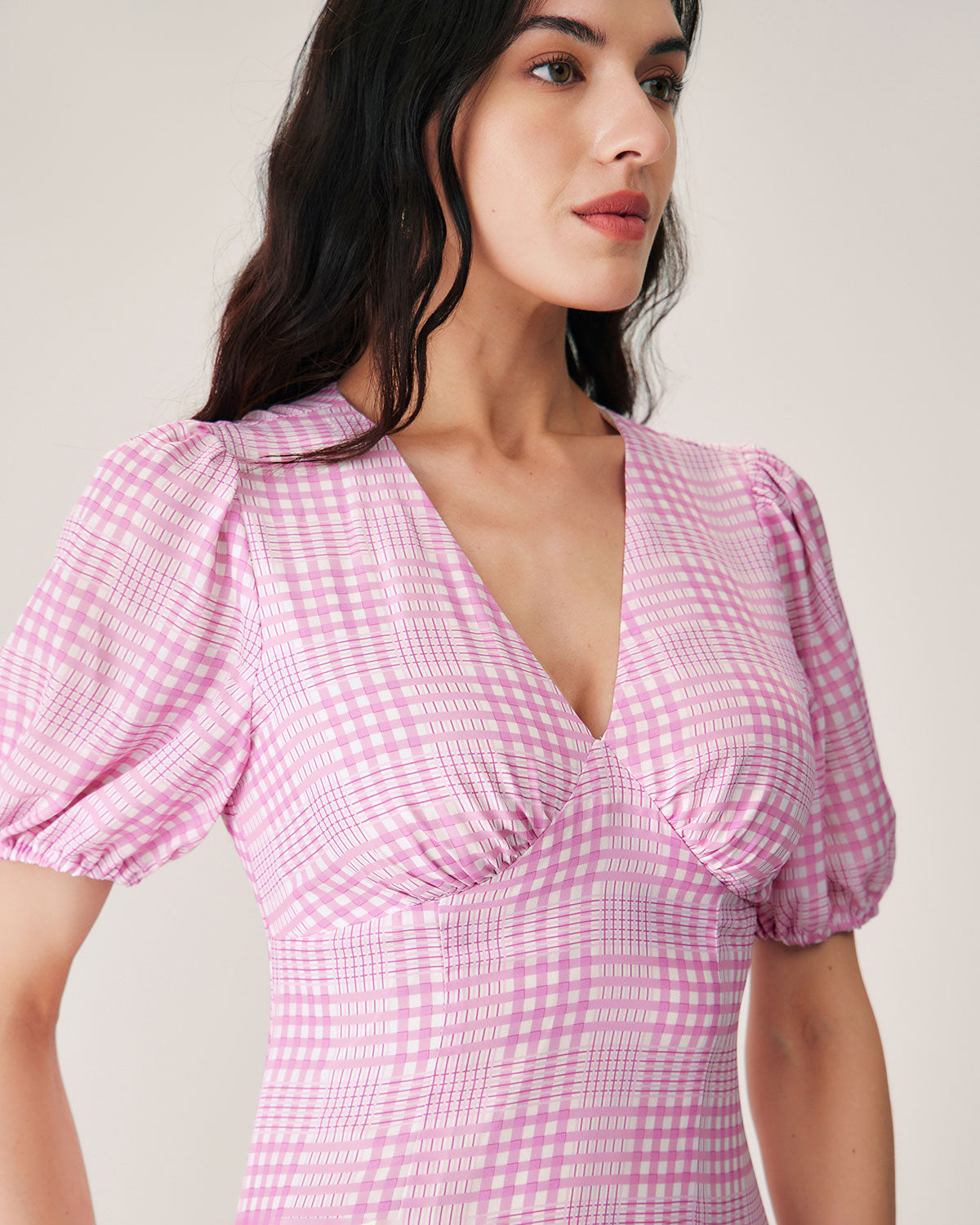 Pink Plaid V-Neck Midi Dress Cheap Wide Range Of