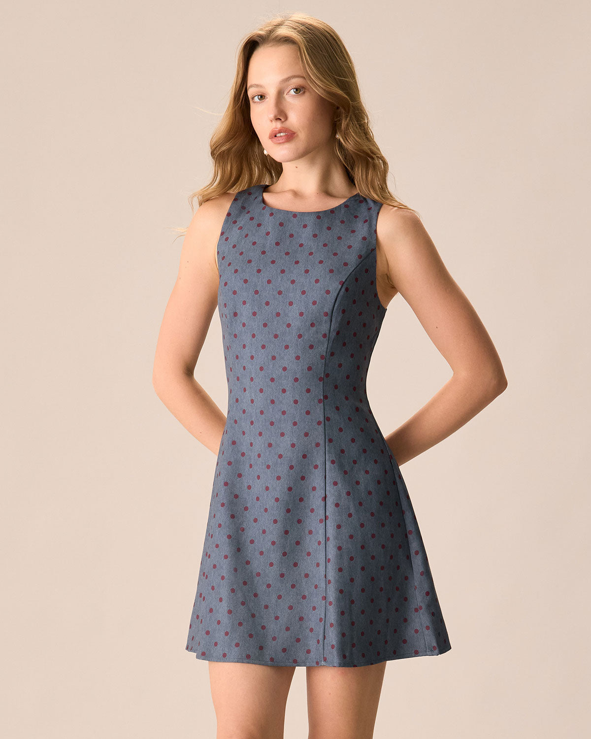 The Grey Round Neck Polka Dot Mini Dress New Arrival