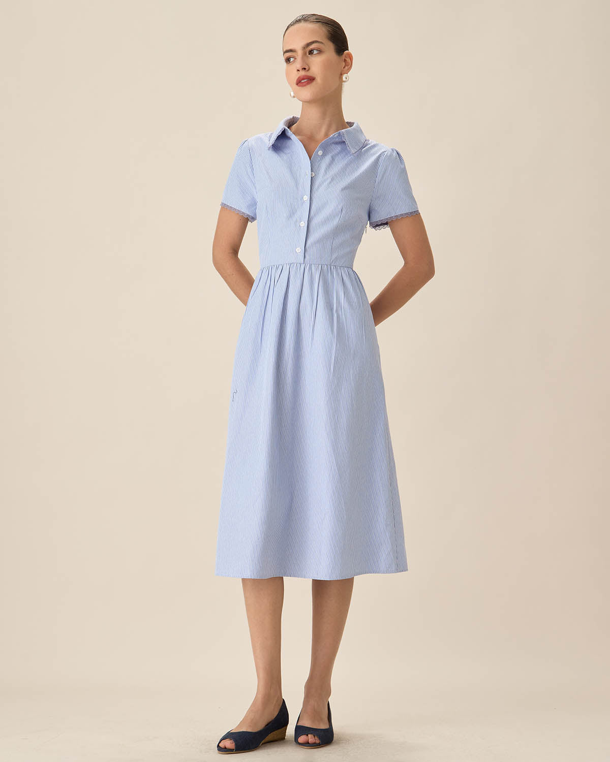 Blue Striped Button Midi Dress Outlet Official