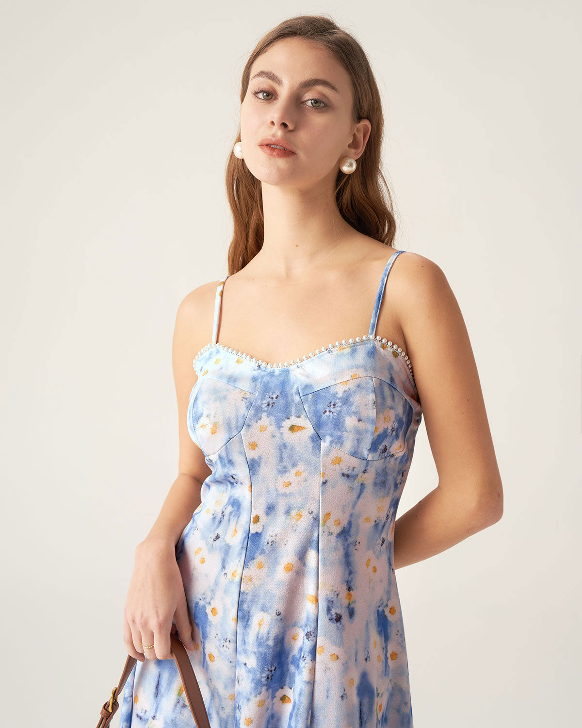 Blue Floral Sweetheart Neck Midi Dress Very Cheap Pice