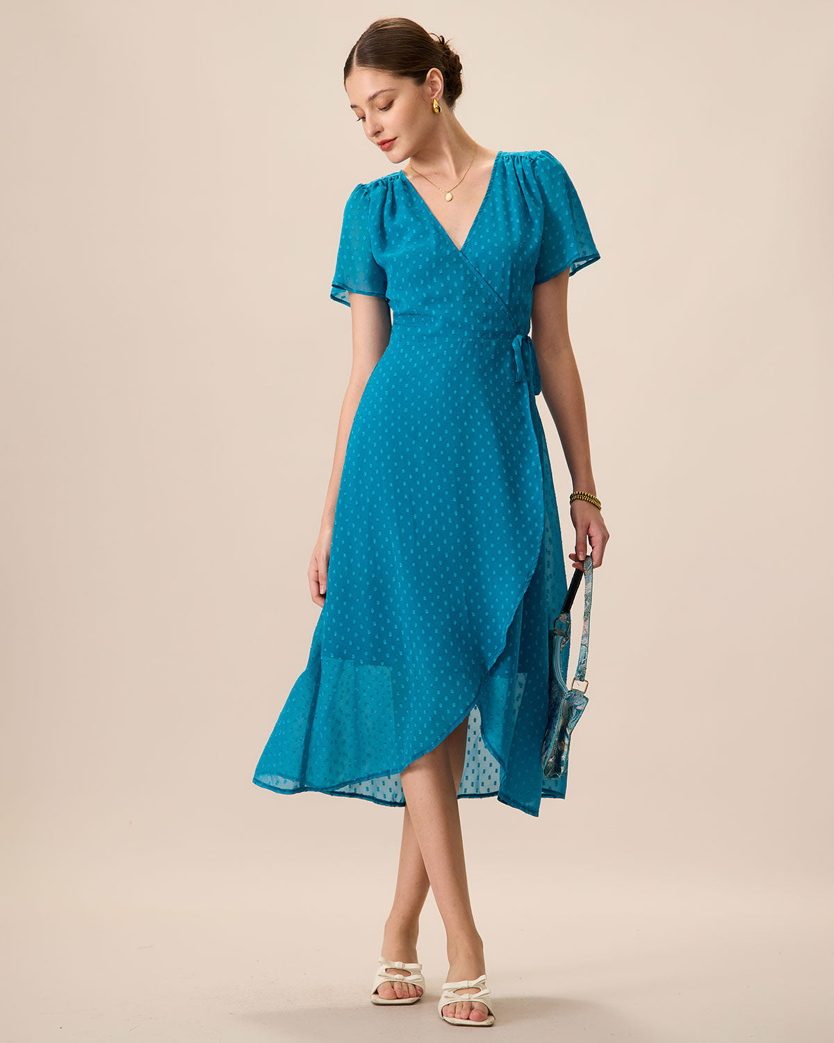 Women's Blue V-Neck Wrap Midi Dress