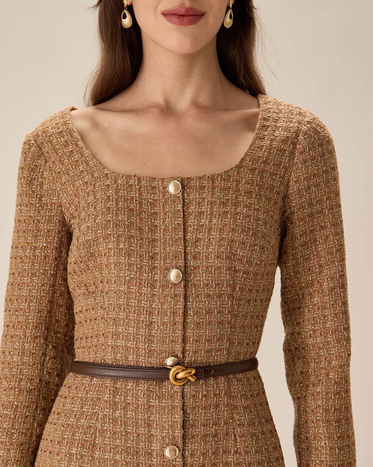 Brown U Neck Button-Up Tweed Mini Dress Official Site