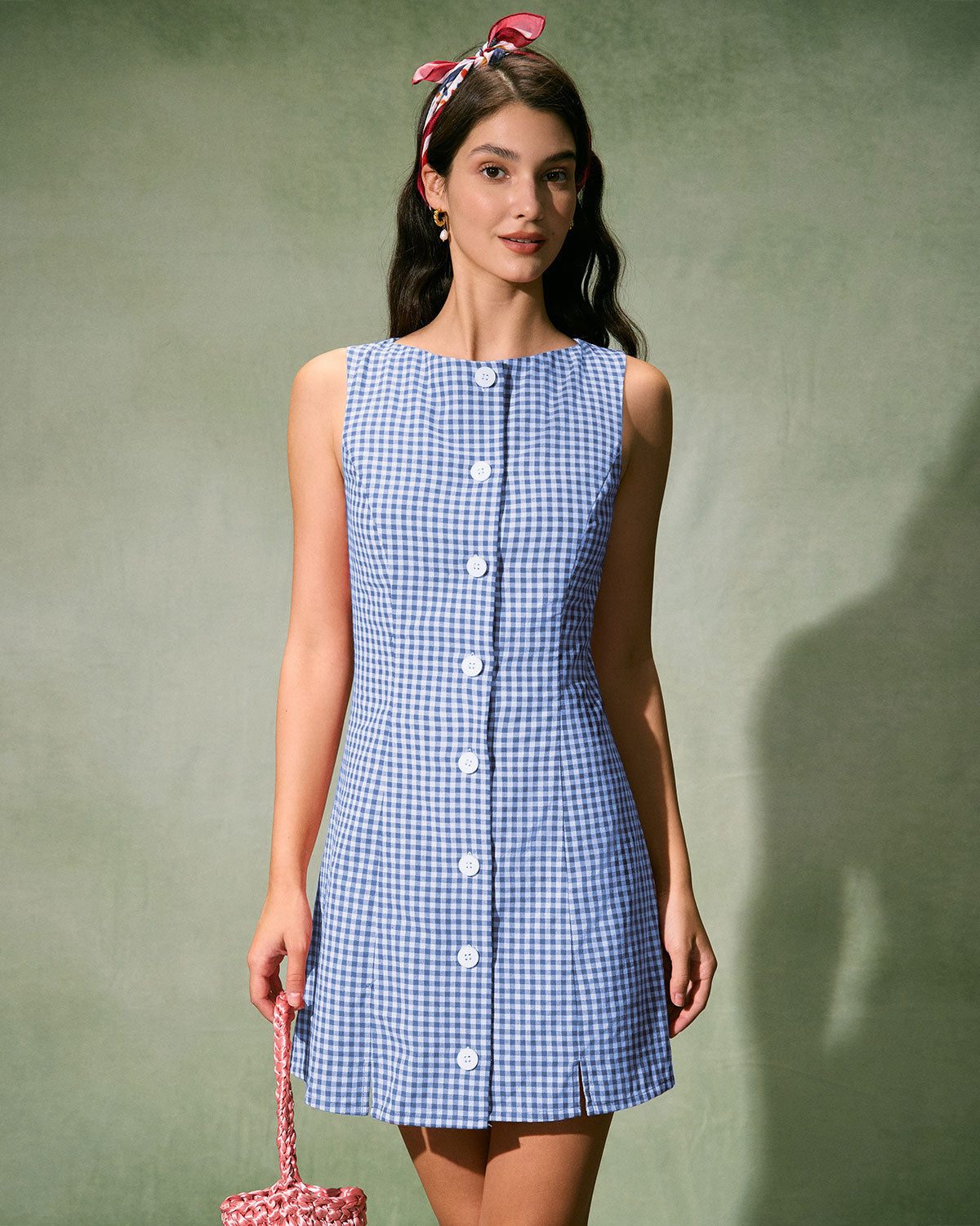 The Blue Boat Neck Cotton Plaid Mini Dress Footlocker Pictures Cheap Online