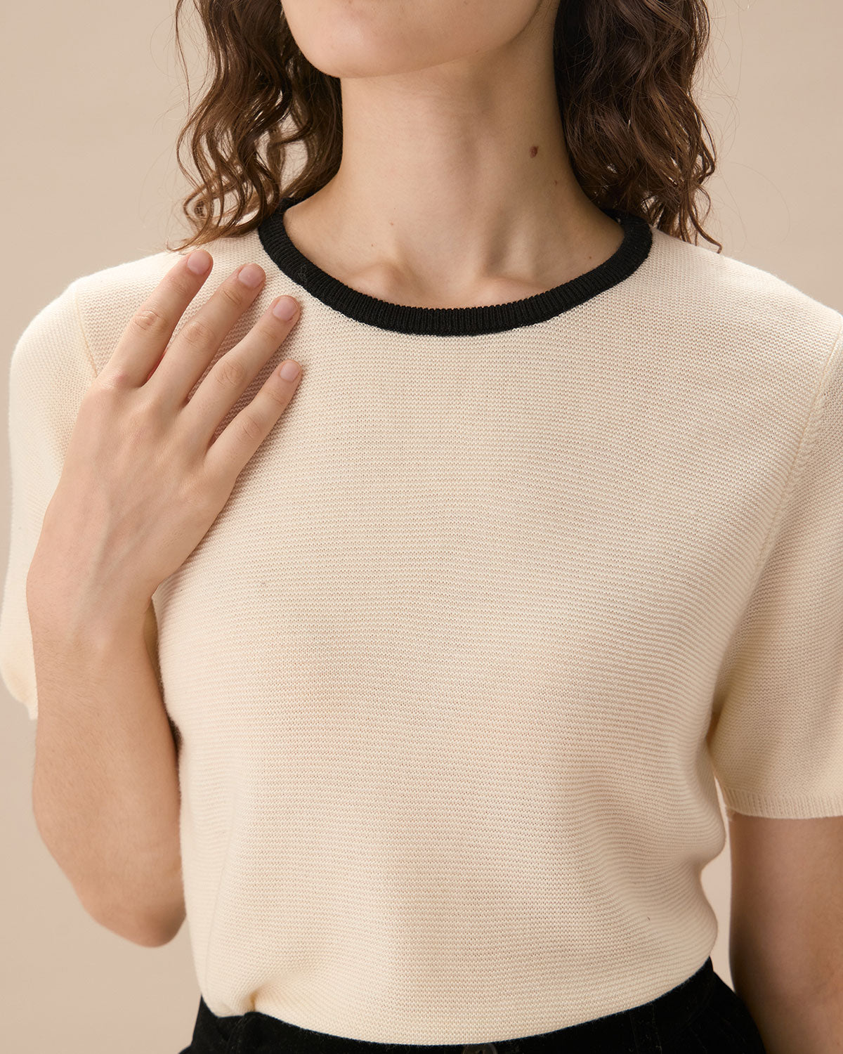 Women's Apricot Contrasting Ribbed Knit Tee