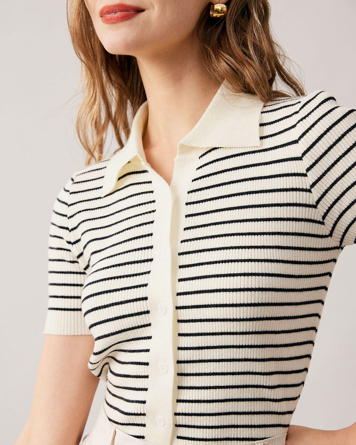 The Lapel Button Up Striped Knit Top Cheapest For Sale