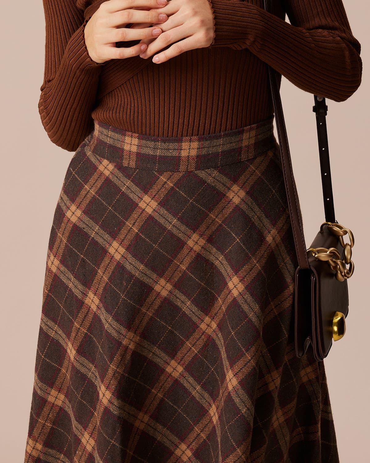 The Brown Elastic Waist Plaid A-Line Midi Skirt 2025 New Cheap Online