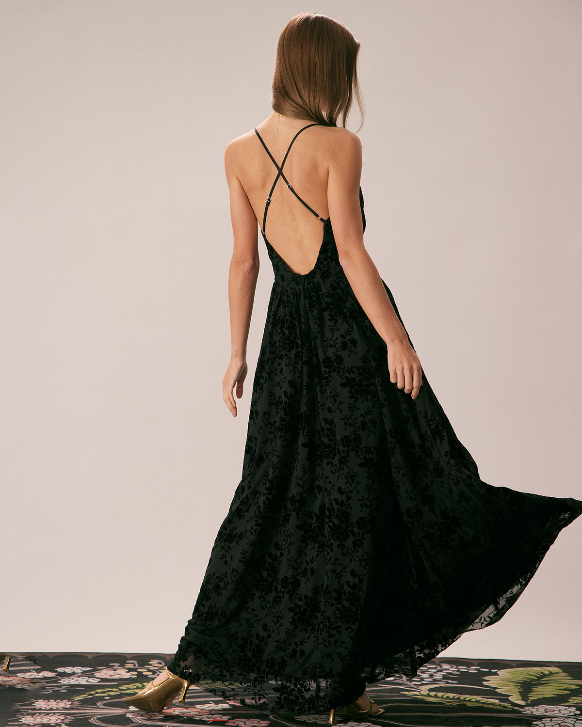 The Black Floral Flocked Mesh Slit Maxi Dress Where To Buy Low Pice