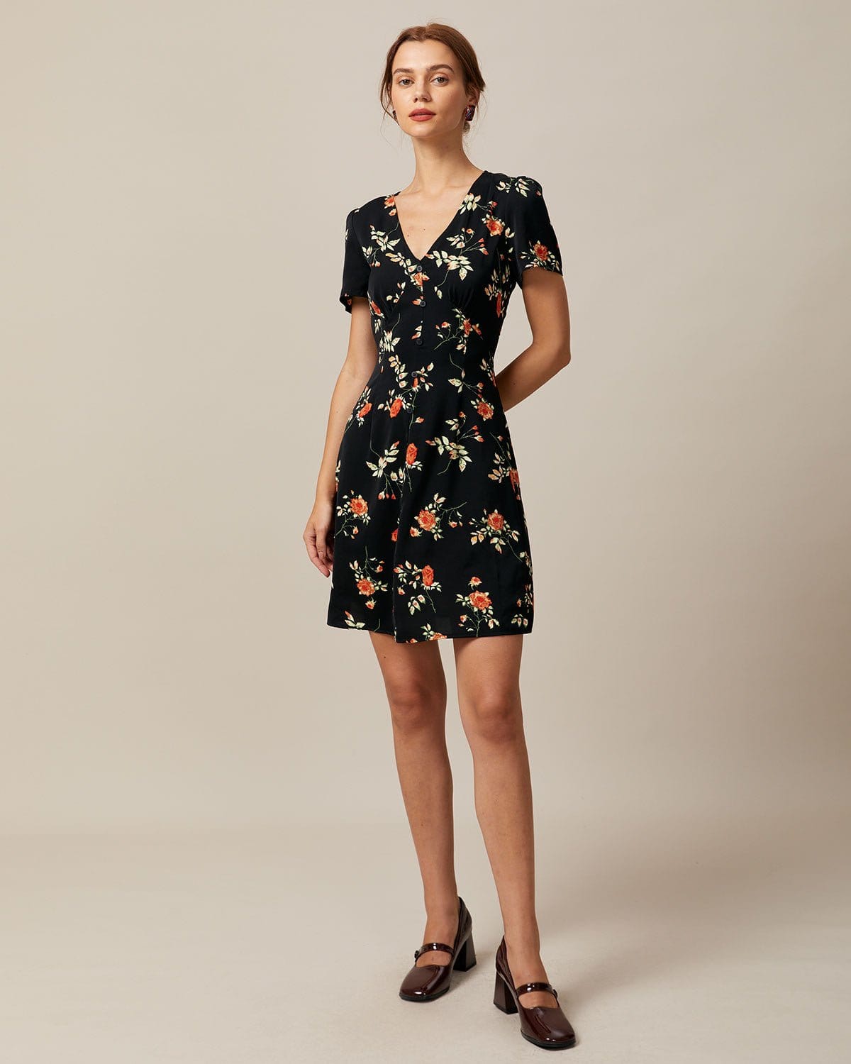 The Black V Neck Floral Button Up Mini Dress Sale Great Deals