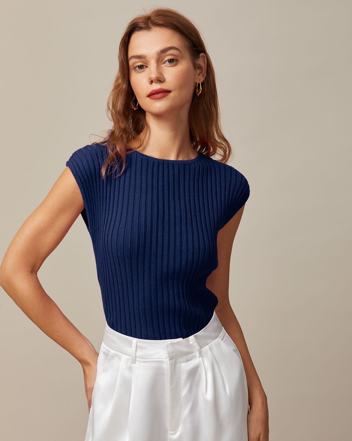 The Blue Boat Neck Ribbed Cap Sleeve Knit Tee Professional Cheap Pice