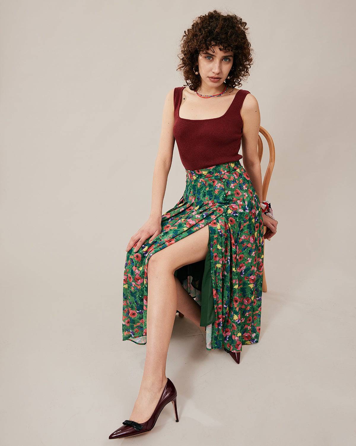 The Green Pleated Floral Skirt 2025 Cheap Online