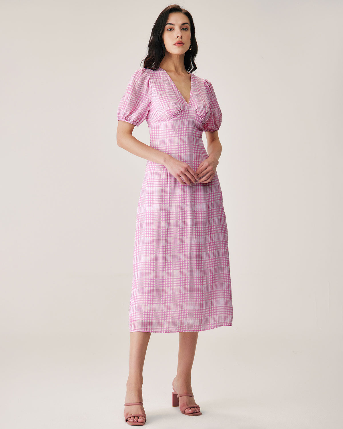 Pink Plaid V-Neck Midi Dress Cheap Wide Range Of