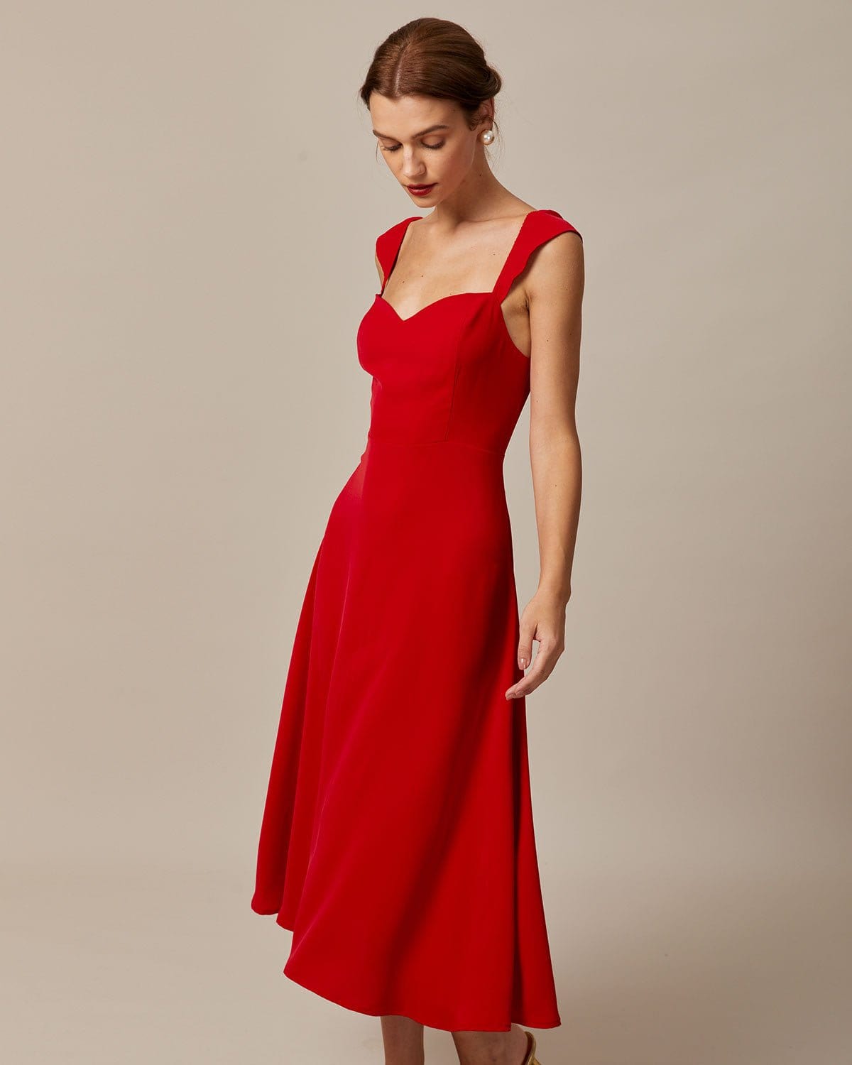 The Red Sweetheart Neck Cap Sleeve Midi Dress Inexpensive Sale Online