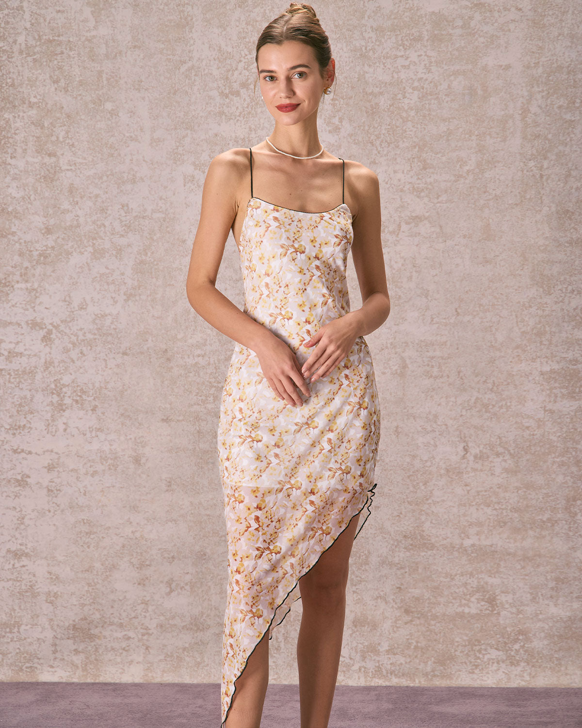 The Yellow Asymmetric Hem Floral Midi Dress Buy Cheap Deals