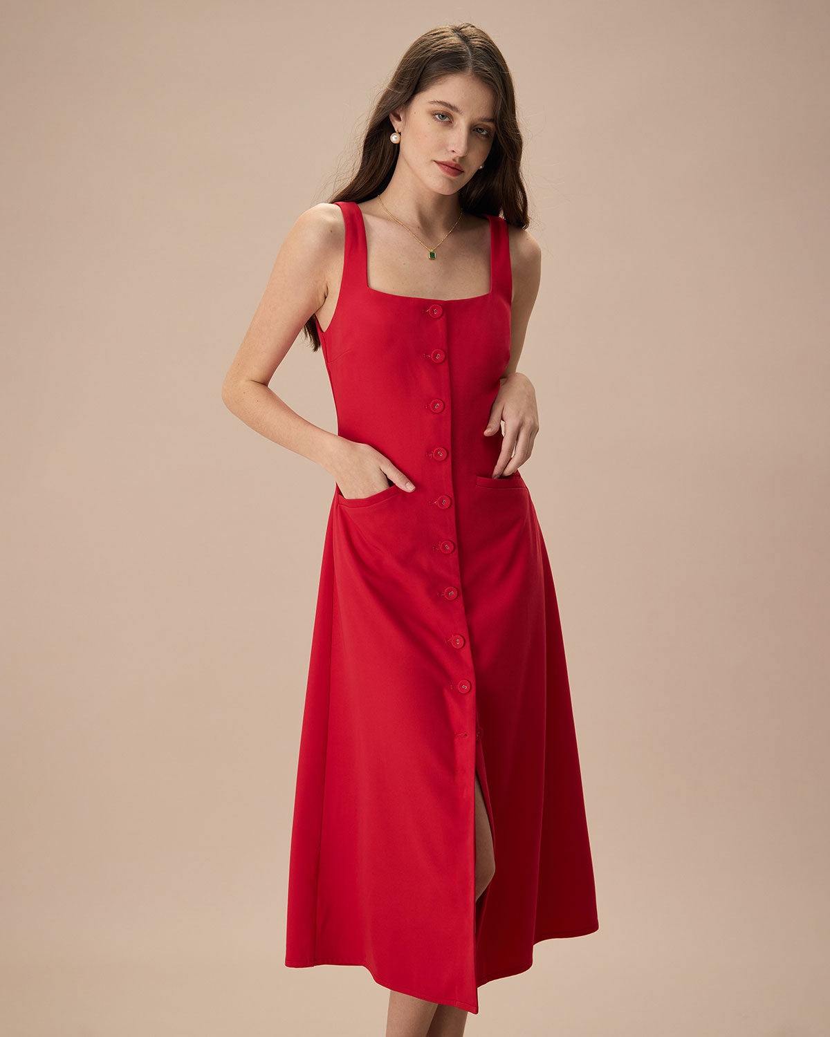 The Red Square Neck Pocket Midi Dress Outlet 2025 New