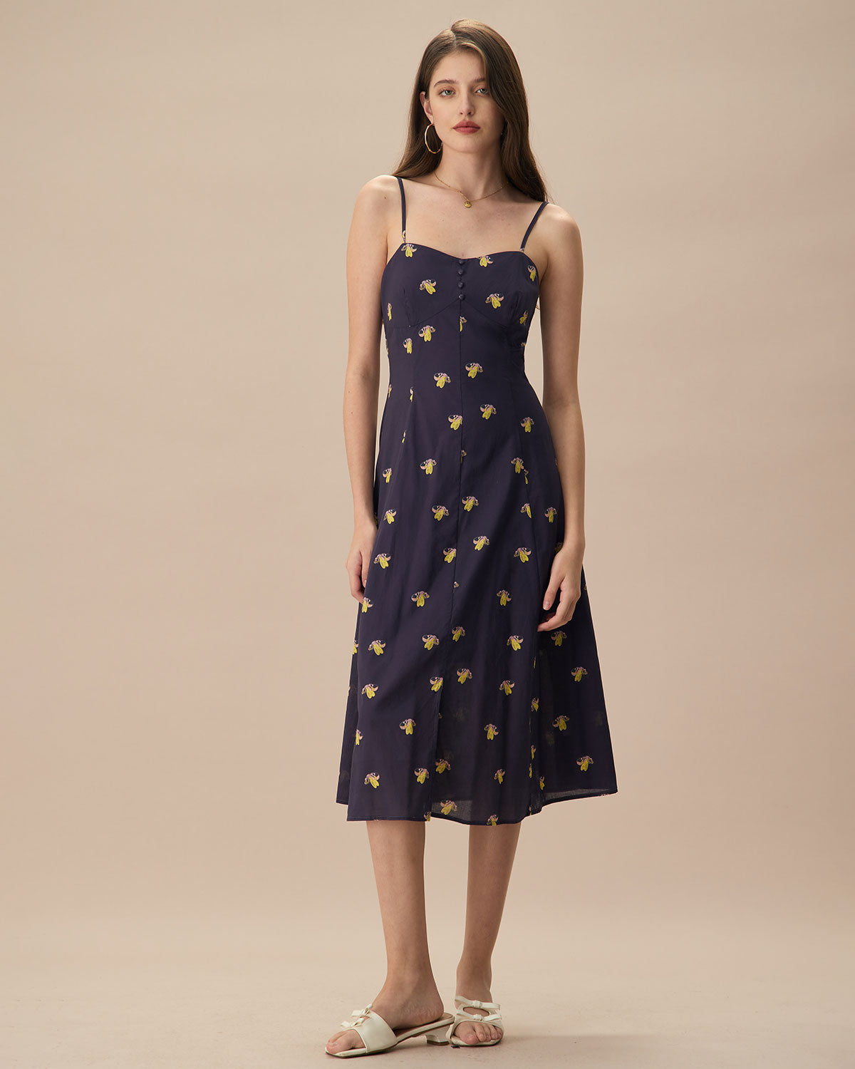 Women's Navy Cotton Slip Midi Dress