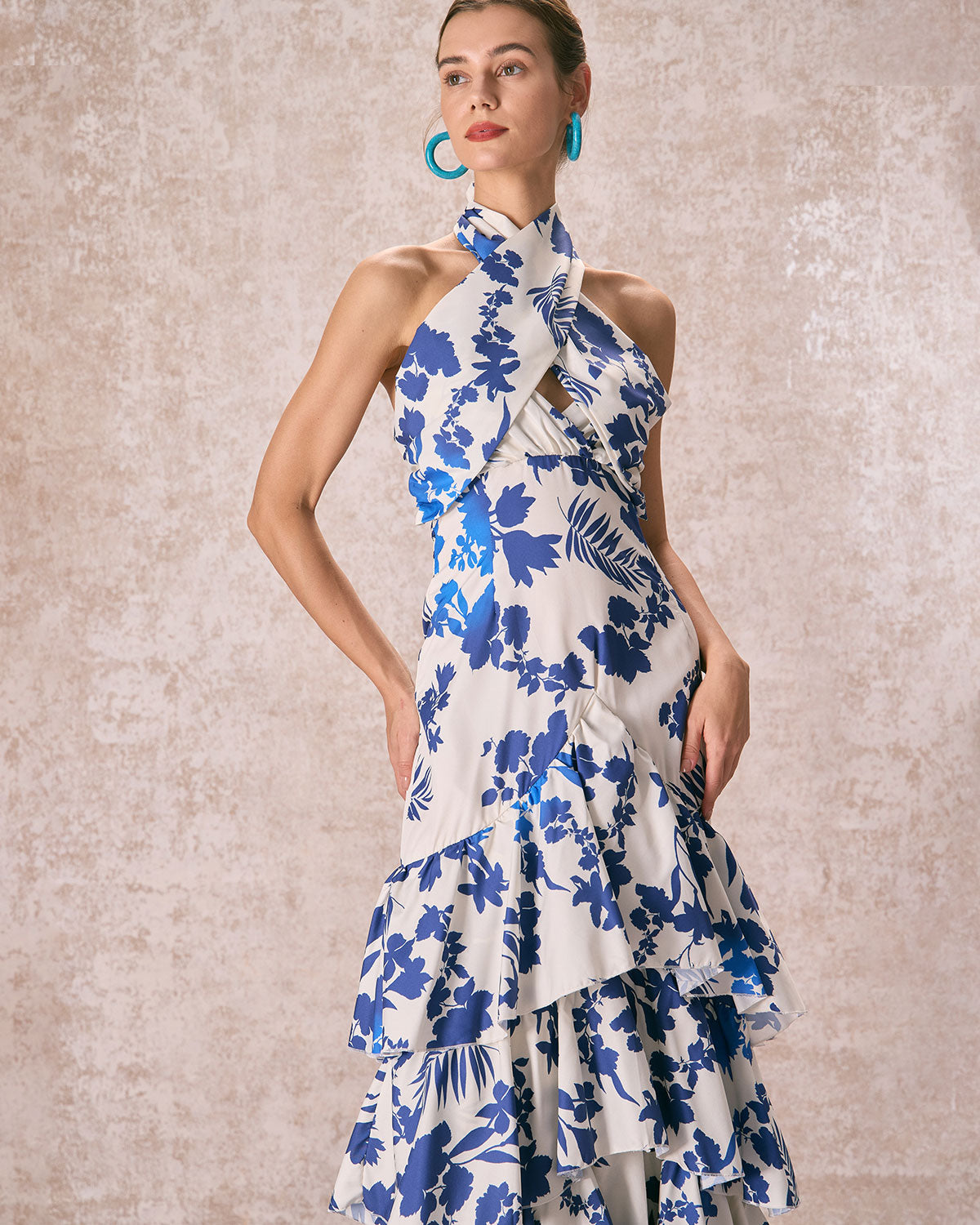 The Blue Halter Cut Out Ruffle Maxi Dress Discount View