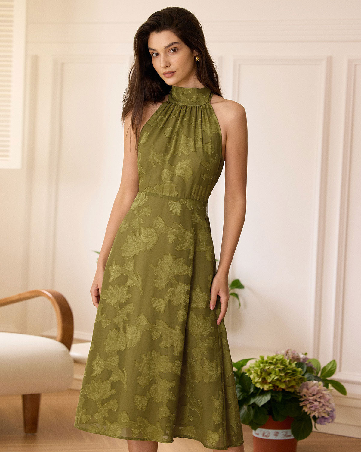 The Green Jacquard Ruched Halter Midi Dress Free Shipping Genuine