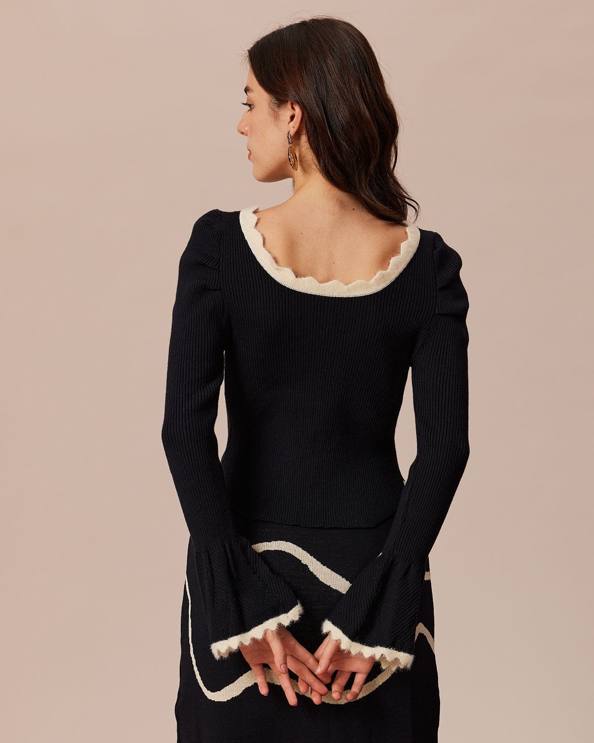 The Black Contrast Trim Gigot Sleeve Knit Top Cheapest Cheap Online